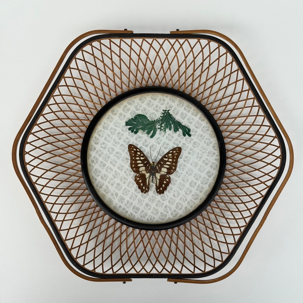 Vintage Basket Jetline Japan Rattan Bamboo‎ Lucite Butterfly Floral Boho Cottage